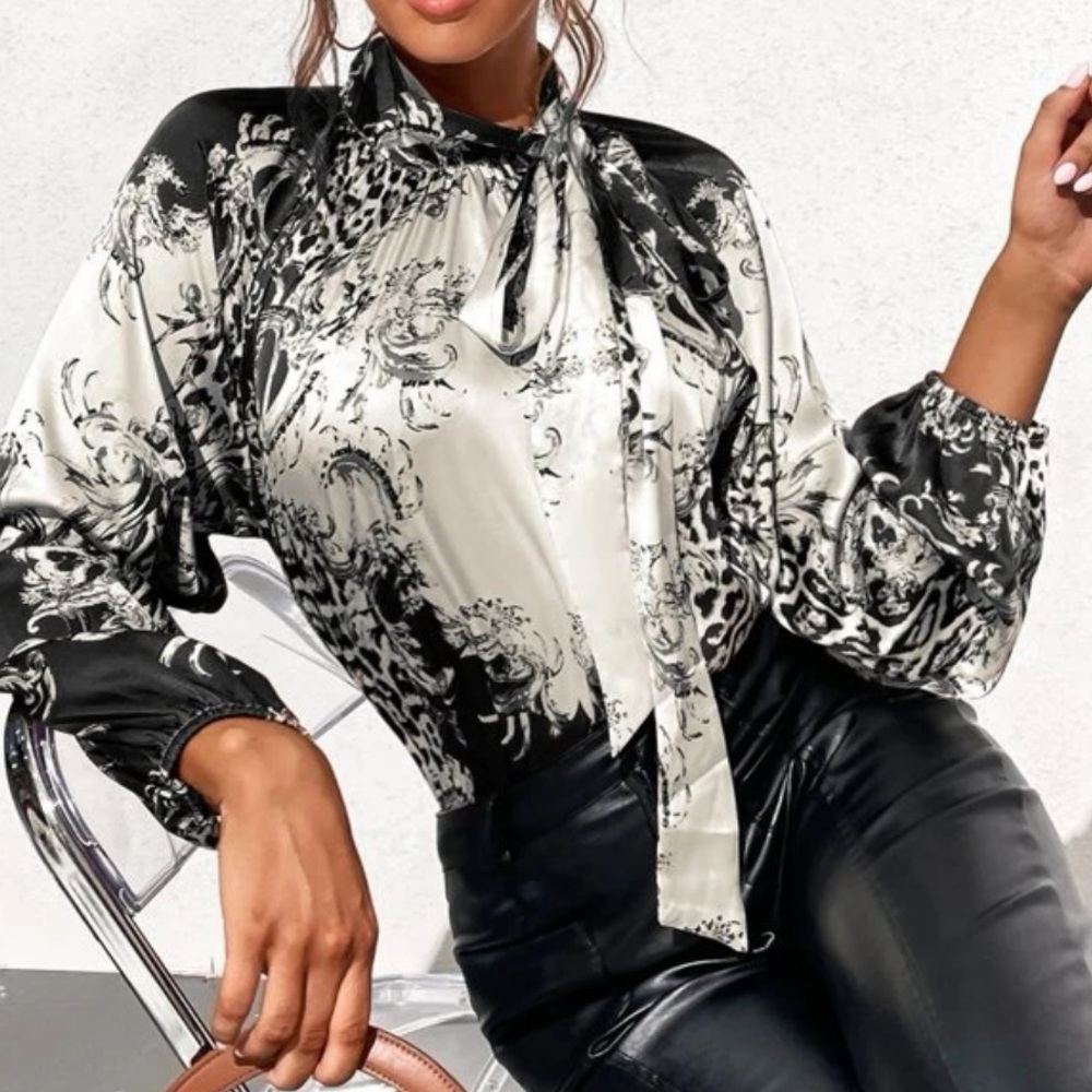 Leopard and Graphic print tie neck blouse